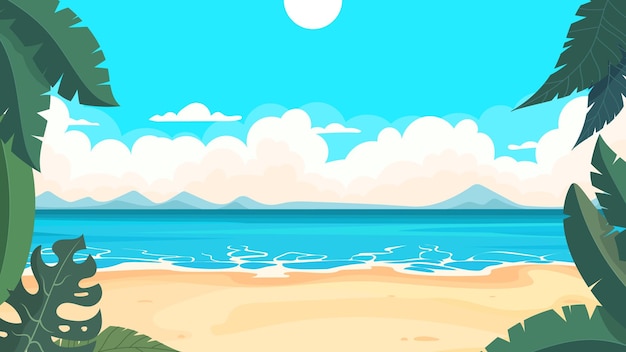 Paysage de plage de dessin animé avec des plantes tropicales surplombant l'océan
