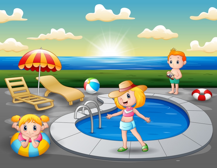 Vecteur paysage de plage avec des enfants au bord de la mini piscine