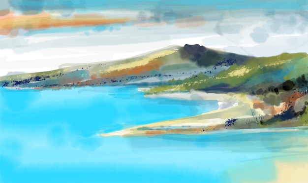 Vecteur paysage de plage et de montagne aquarelle dessiné à la main