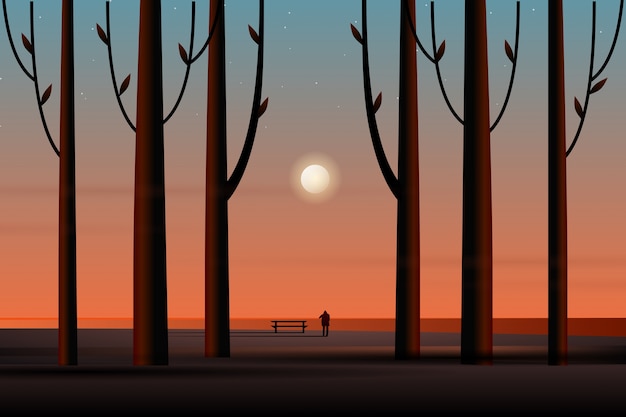 Paysage de pleine lune et ciel étoilé avec paysage de mer