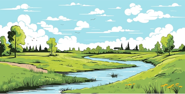 Paysage De Prairie Avec Rivière Ciel Bleu Avec Nuages Blancs Journée D'été Ensoleillée Illustration Vectorielle