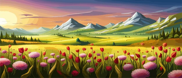 Vecteur paysage de printemps avec des arbres, des montagnes, des champs, des tulipes, des fleurs, illustration vectorielle