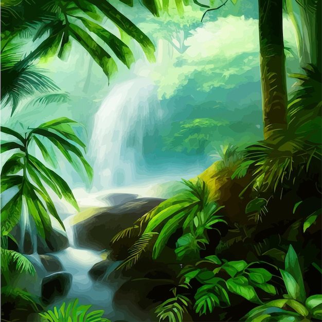 Paysage De Printemps Avec Cascade Dans La Forêt Tropicale Illustration Vectorielle Rivières Arbres Avec Vert