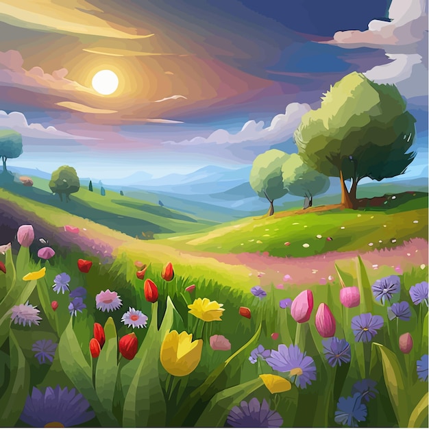 Vecteur paysage de printemps dans un champ vert fleurs sauvages colorées et dessin animé de coucher de soleil terres agricoles rurales avec montagne