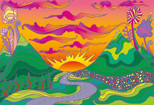 Vecteur un paysage psychédélique de style hippie rétro avec des montagnes, du soleil et la route qui mène au coucher du soleil.