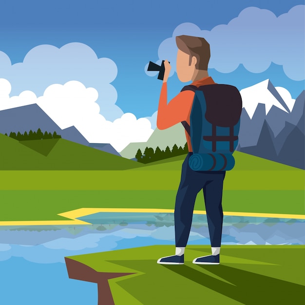 paysage de randonnée homme prenant une photo dans la falaise à côté de la rivière