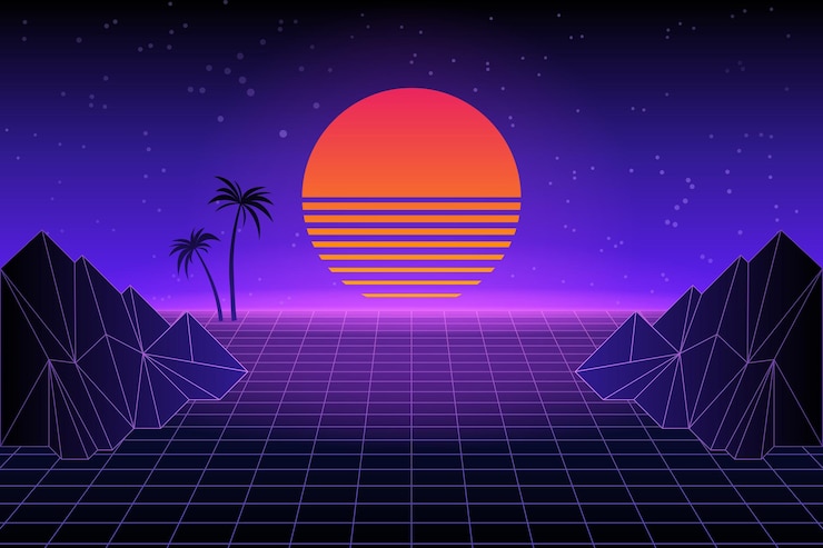 Vecteur paysage rétro futuriste avec des palmiers. coucher de soleil au néon dans le style des années 80. fond rétro synthwave. rétro-onde. illustration vectorielle