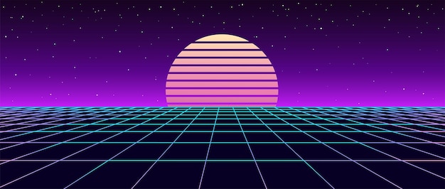 Paysage rétro numérique de style années 1980 surface cyber futuriste des années 80 Arrière-plan rétro SciFi Couverture d'album ou bannière dans le style des années 8090 Illustration vectorielle