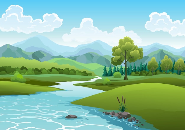 Vecteur paysage avec rivière qui coule à travers les collines, les champs verts pittoresques, la forêt et les montagnes. belle scène avec la rive de la rivière, la canne de roseau, l'eau bleue, la colline verte, l'arbre d'herbe et les nuages sur le ciel.