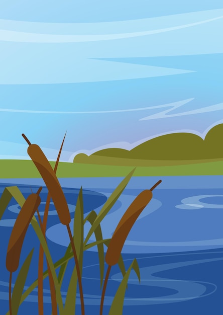Paysage avec des roseaux sur la rivière. Paysage naturel en orientation verticale.
