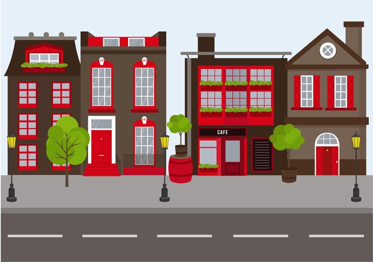 Vecteur paysage de rue avec des magasins d'immeubles d'appartements et des bars illustration vectorielle plane