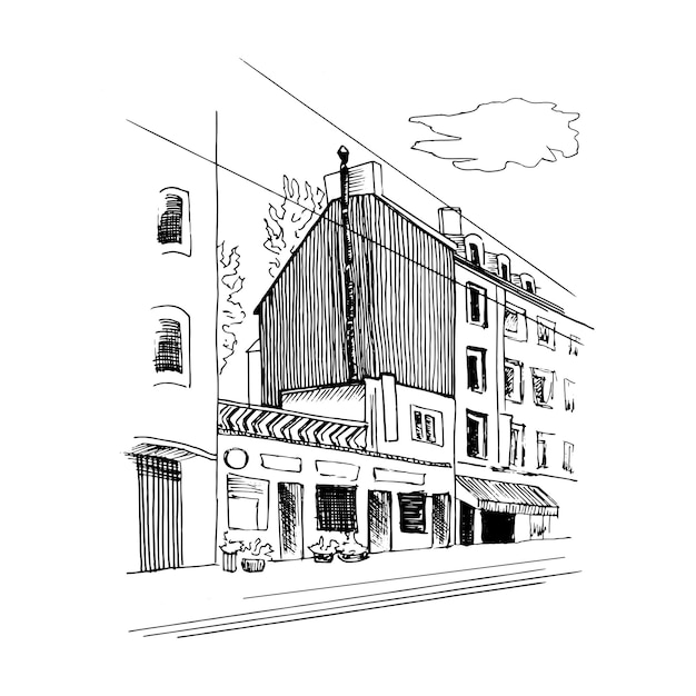 Paysage, Rue De La Ville. Dessiné à La Main Dans Un Style De Croquis. Illustration Vectorielle.