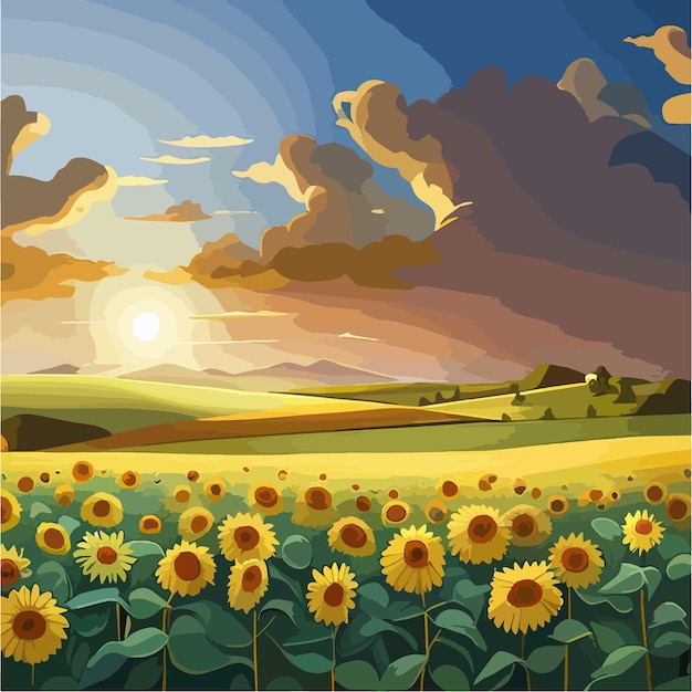 Vecteur paysage rural au coucher du soleil avec champ de tournesol doré contre illustration vectorielle ciel