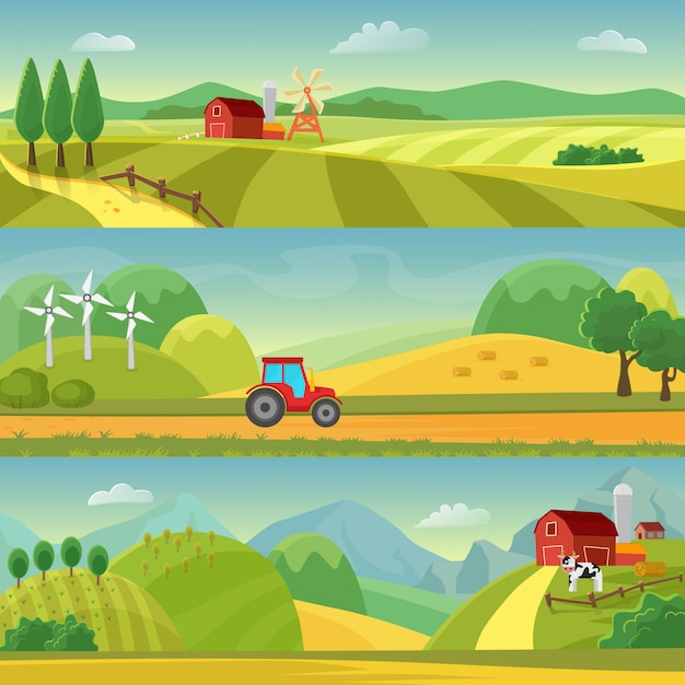 Paysage rural avec champs et collines et avec une ferme. Agriculture et agro-industrie. Modèles de paysage rural. conception pour infographie et web.