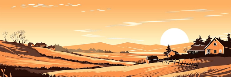 Vecteur paysage rural chaud le soir avec des champs et une illustration vectorielle du panorama du village