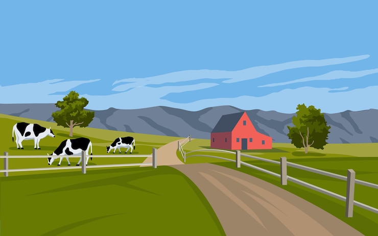 Vecteur paysage rural avec grange et bétail au pâturage