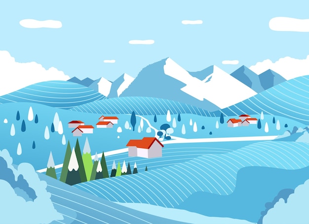 Paysage Rural En Hiver Avec Montagne En Arrière-plan Plat Illustration.