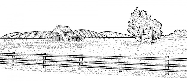 Vecteur paysage rural avec maison de campagne. illustration de style de gravure dessinée à la main de campagne. croquis de fiends