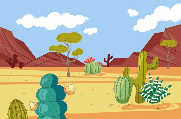 Vecteur paysage de sable du désert avec illustration de conception graphique de concept de fond de dessin animé de cactus