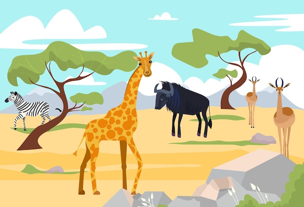 Vecteur paysage de savane sauvage en plein air afrique faune animal girafe buffle et zèbre réserve naturelle