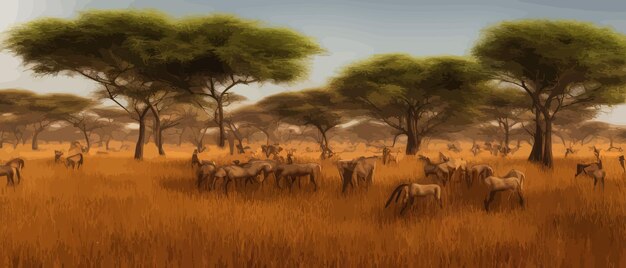 Paysage De Savane Sauvage Savane Nature Africaine Sauvage Avec Arbres Herbe Sable Et Animaux Afrique