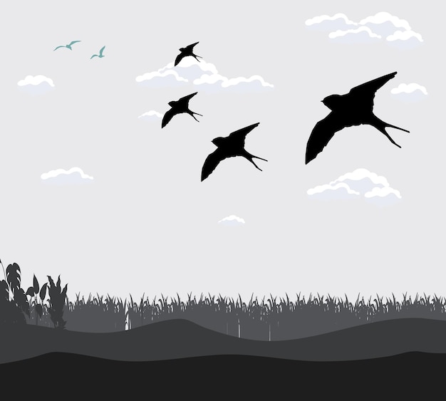 paysage de silhouette avec herbe et vecteur d'animaux