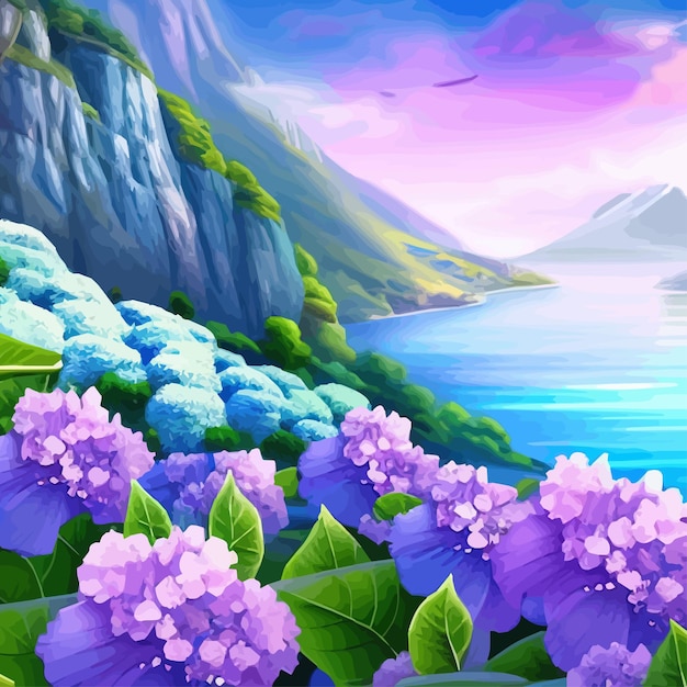 Vecteur paysage de source de montagne montagnes avec des sommets enneigés lilas buissons de fleurs dessin animé printemps plat nature