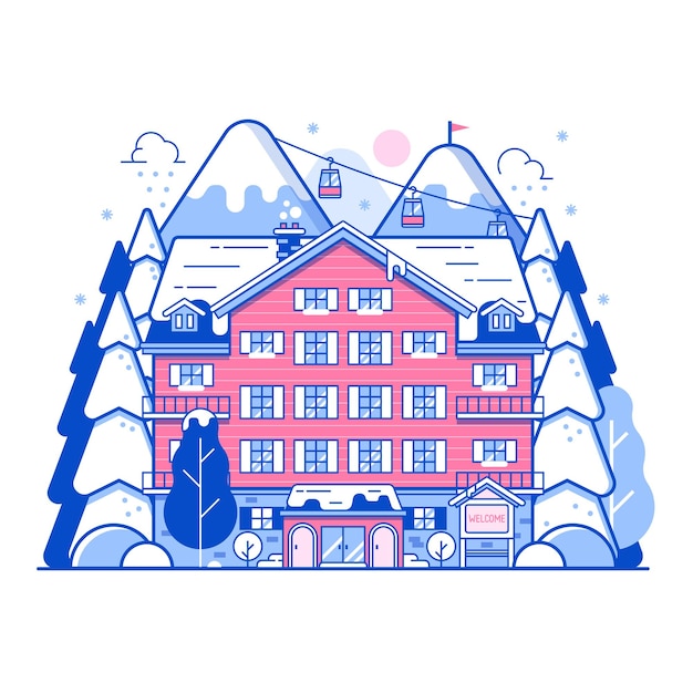 Paysage de station de ski en design d'art en ligne. Hôtel de montagne d'hiver monoline arrière-plan abstrait. Pics enneigés, bâtiment d'auberge et funiculaires sur la forêt des Alpes. Vacances d'hivers dans les montagnes bannière de concept.