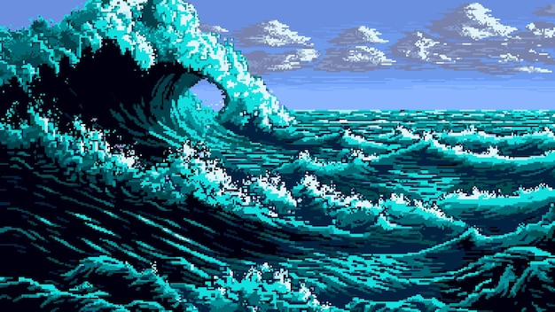 Vecteur paysage de tempête de mer grandes vagues scène de jeu 8 bits générée par ai ciel sombre avec des nuages gris lourds et d'énormes vagues éclaboussantes créant une atmosphère marine passionnante et une expérience de jeu immersive