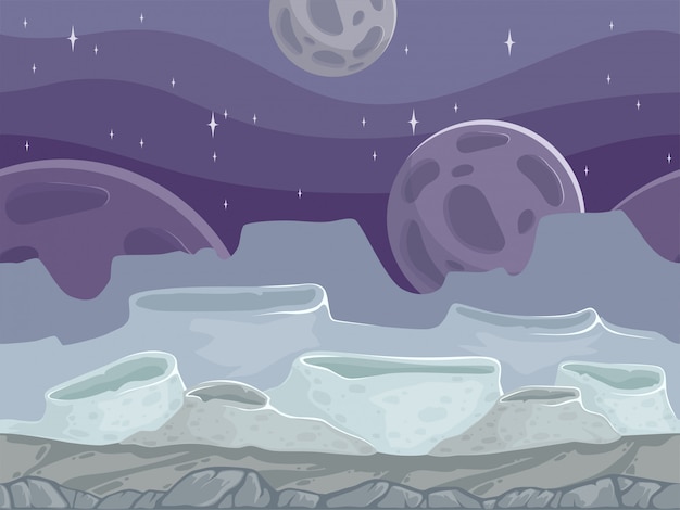 Vecteur paysage transparent de lune. illustration de dessin animé en plein air fantastique rocheuse avec différentes pierres au sol