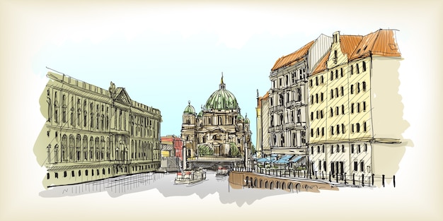 Vecteur paysage urbain en allemagne. cathédrale de berlin. illustration de croquis dessiné main bâtiment ancien