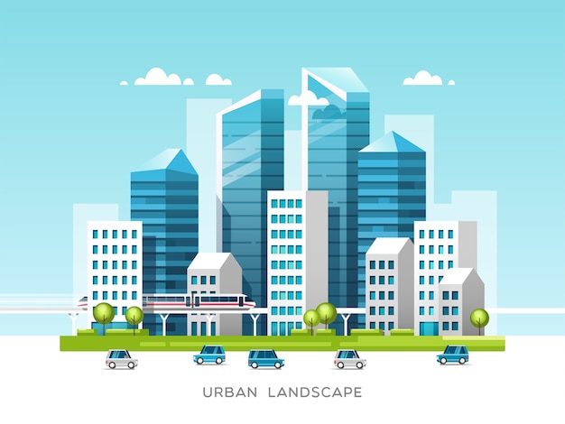 Paysage urbain avec bâtiments gratte-ciel et transport urbain Concept de l'industrie de l'immobilier et de la construction