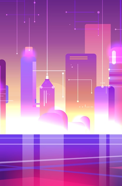 Le paysage urbain futuriste, les bâtiments technologiques numériques, les couleurs de gradient, le fond abstrait.