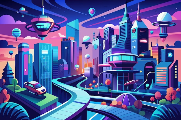 Vecteur paysage urbain futuriste la nuit avec des couleurs au néon avec des routes surélevées, des véhicules volants et des bâtiments modernistes sous un ciel étoilé