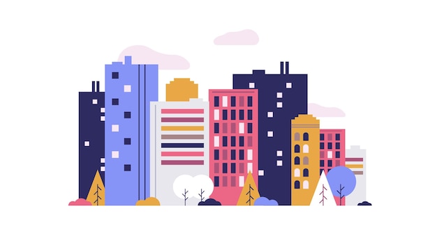 Paysage urbain avec de grands et petits bâtiments, des arbres et des buissons