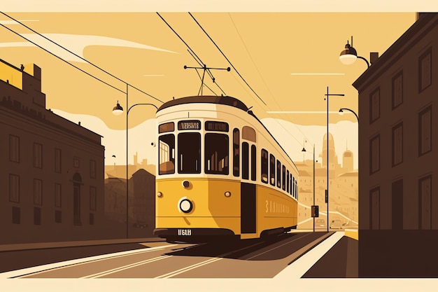 Vecteur paysage urbain minimal du tramway jaune de lisbonne