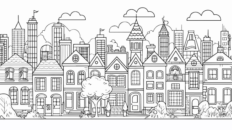 Vecteur paysage urbain monochrome sans couture avec rue de la ville