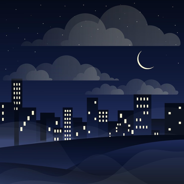 Vecteur paysage urbain de nuit ville de nuit vecteur plat ciel étoilé au-dessus de la ville ville dans le brouillard vecteur plat