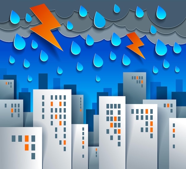 Paysage Urbain Sous L'orage Et L'illustration Vectorielle De Dessin Animé De Foudre Dans Le Style D'application Pour Enfants Découpés En Papier, Les Immeubles De Haute Ville, Les Maisons Immobilières Et Le Ciel Nuageux Et Pluvieux.