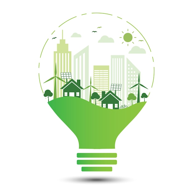 paysage urbain vert sur l'écologie de l'ampoule eco logo idée durable économiser de l'énergie sauver le monde