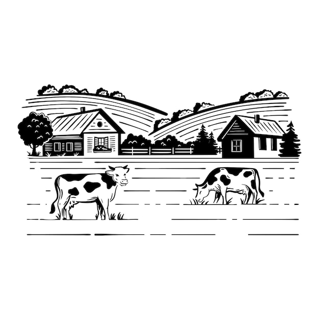 Vecteur paysage vectoriel dessiné à la main avec maison de village et vaches broutant dans la prairie