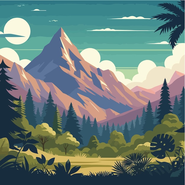 Vecteur paysage vectoriel de montagnes avec arbres et forêts dans un style de conception plat