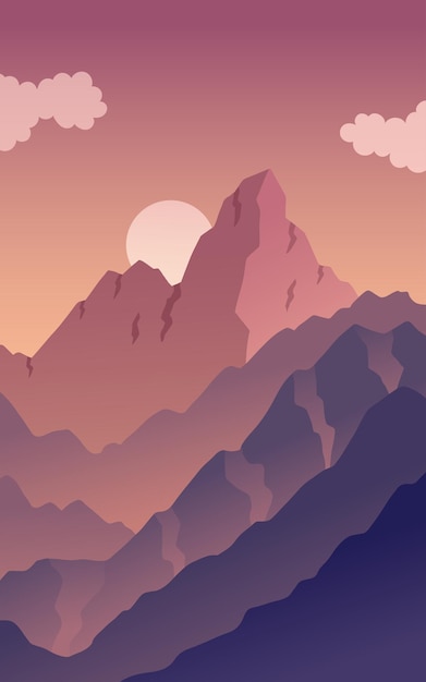 Paysage vectoriel, scène de coucher de soleil dans la nature avec montagnes et forêts, silhouettes d'arbres et de collines