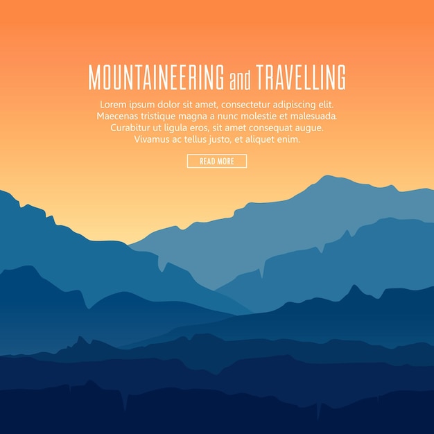 Paysage Vectoriel Avec Des Silhouettes Bleues De Montagnes Et De Collines Avec Un Beau Ciel Orange Du Soir. Arrière-plan D'alpinisme Et De Voyage Avec D'énormes Silhouettes De Montagnes Au Crépuscule.