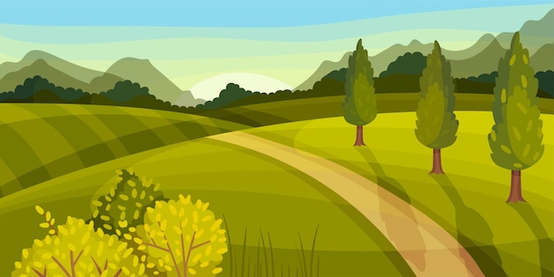 Vecteur paysage vert avec des collines, des champs et un ciel clair illustration vectorielle