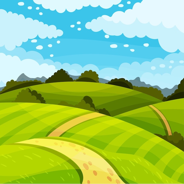 Paysage vert avec des collines, des champs et un ciel clair Illustration vectorielle