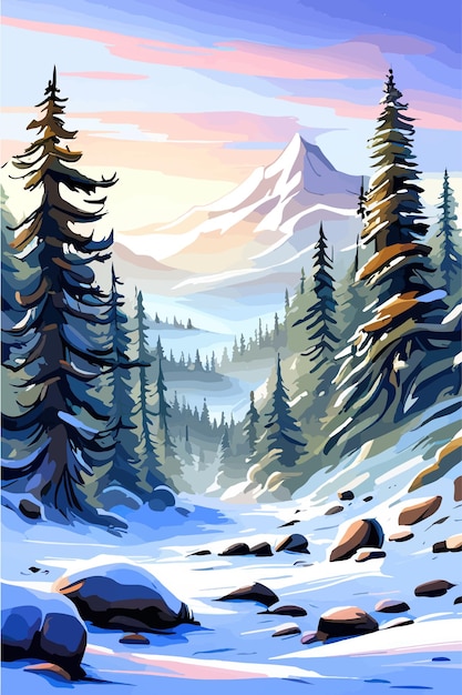 Vecteur paysage vertical de forêt d'hiver arrière-plan de noël pins neige arbres bois illustration vectorielle