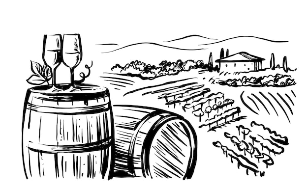 Vecteur paysage de vigne dessiné à la main avec un baril de vin