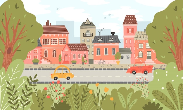 Paysage De La Ville D'été Fond Avec Des Maisons De Rue Et Des Voitures Dans Un Style Plat Illustration Mignonne De La Ville