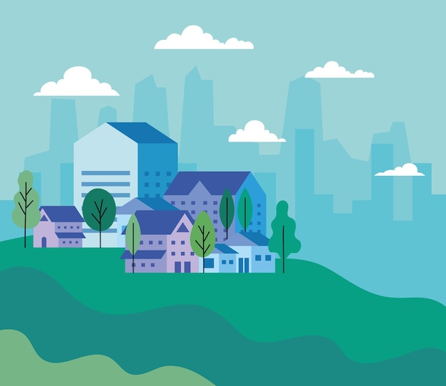 Paysage de la ville avec des maisons, des arbres et des nuages, conception, architecture et thème urbain